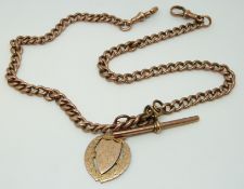 A 9ct rose gold double Albert with 9ct gold fob dated 1905, 43.