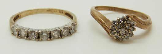 A 9ct gold rings set with diamonds in a cluster and a 9ct gold ring set with cubic zirconia (size L