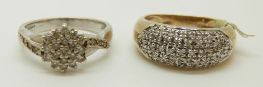 A 9ct white gold ring set with diamonds in a cluster and a 9ct gold ring set with diamonds,