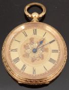 An 18ct gold ladies pocket watch with engraved decoration, Roman numerals and blued hands,