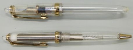 Sailor Clear Candy fountain and ballpoint pen set both with transparent bodies and gold fittings,
