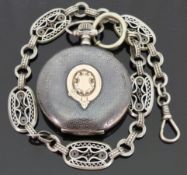 Silver gentlemen's keyless winding full hunter pocket watch with niello decoration and yellow metal