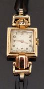 Art Deco style 18ct gold ladies wristwatch with gold hands and Arabic numerals,
