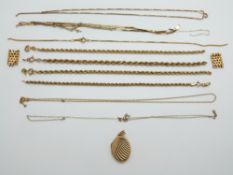 A collection of 9ct gold chains and a 9ct gold locket, 23.