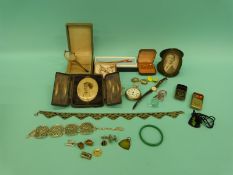 A white metal Art Deco necklace, costume jewellery including cufflinks, lorgnettes,