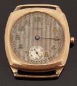 Waltham 9ct gentleman's cushion shaped wristwatch with subsidiary seconds dial,