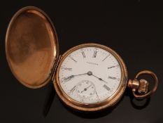 Waltham gold plated gentleman's keyless winding full hunter pocket watch with subsidiary seconds