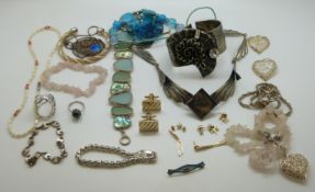 A pair of 9ct gold earrings, rose quartz bracelet, silver bracelet,