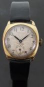 Dennission cased 9ct gold gentleman's cushion shaped wristwatch with Arabic numerals,
