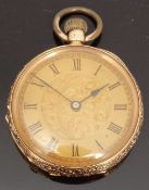 An 18ct gold ladies pocket watch with engraved decoration, Roman numerals and blued hands,