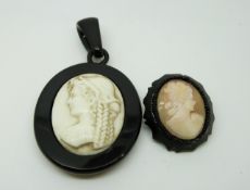 A jet pendant and jet brooch each set with a cameo