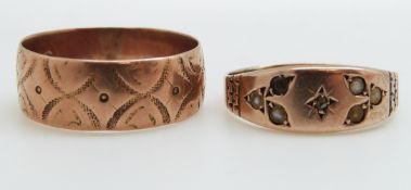 A 9ct gold wedding band and a 9ct gold ring set with seed pearls, 4.