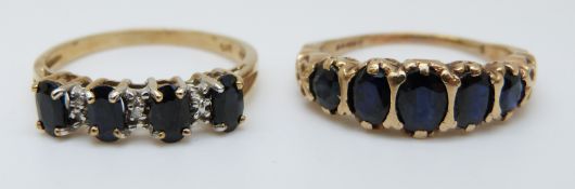 A 9ct gold ring set with five graduated sapphires and a 9ct gold ring set with four sapphires and