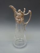 Art Nouveau style silver plate mounted and etched glass claret jug,