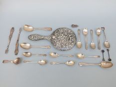 A collection of 19thC and later hallmarked silver cutlery including George Unite Victorian caddy