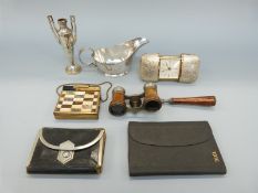 Opera glasses, vintage leather purse, combined compact/lipstick holder,