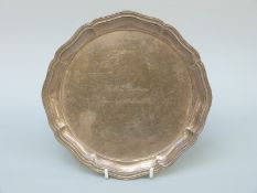 A George V hallmarked silver calling card tray with inscription HMS Barbican Launched 14th 1938,