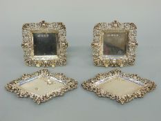 Two pairs of matching Victorian hallmarked silver pin dishes of square and diamond shape with