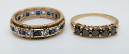 A 9ct gold ring set with alternating sapphires and white sapphires and a 9ct gold ring set with