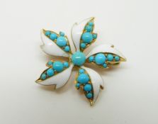 A late 19th/ early 20thC brooch/ pendant set with white enamel and turquoise in a flower design, 2.