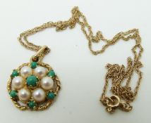 A 9ct gold pendant set with turquoise and seed pearls on a 9ct gold chain, 3.