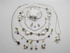 A silver necklace set with pearls, labradorite and rose quartz and matching earrings, silver bangle,