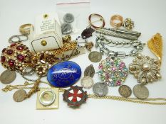 A 9ct gold necklace, bear charm, silver nursing brooch, white metal St Christopher, brooches,