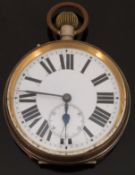 A base metal Goliath keyless winding open faced gentleman's pocket watch with subsidiary seconds