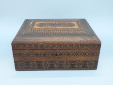 A 19thC Tunbridge ware work/sewing box with fitted interior holding Tunbridge ware pin
