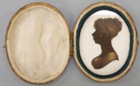 John Miers (1758-1821) silhouette with gold enhancement, in red leather case, max diameter 6.