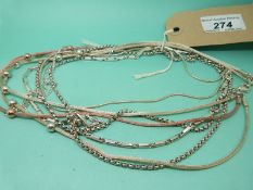 Seven silver necklaces/chains, one rose gold plated and eight silver necklaces,