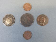 USA 1802 large one cent coin together with an 1859 Canadian Victorian example and two 1901