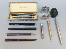 A collection of vintage pens including Swan, De La Rue pencil, Parker,