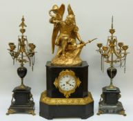French 19thC figural ormolu and slate mantel clock garniture surmounted by an angel,
