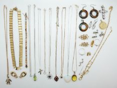 A collection of silver jewellery to include tigers eye earrings and a pendant, two silver rings,