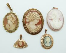 Two 9ct gold pendants set with cameos,