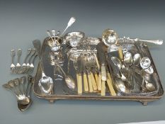 A collection of plated ware including a large galleried silver plated tray,