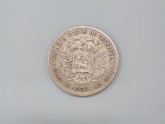 Venezuela five Bolivars silver coin, gram 25, 1936,