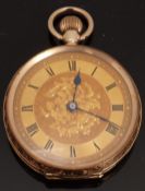 15ct gold ladies keyless winding open faced pocket watch with Roman numerals,