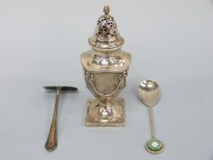 A hallmarked silver pepper or small sugar caster with neoclassical swag decoration, height 13cm,