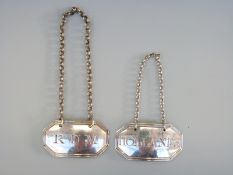 A pair of Georgian hallmarked silver bottle tickets for Rum and Hollands,