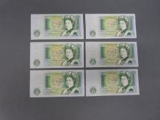 Six mint Bank of England £1 banknotes