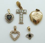 Two 9ct gold heart pendants, one set with diamonds and mystic topaz,