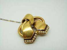 An 18ct gold Victorian brooch of knot design, set with seed pearls and blue enamel, 4 x 3.