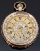 Continental 14ct gold keyless winding open faced gentleman's pocket watch with self coloured dial