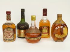 Five bottles of alcohol comprising Haig's dimple whisky, Courvoisier 680ml 40% vol,