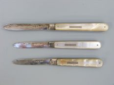 Three Victorian hallmarked silver and mother of pearl fruit knives