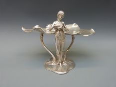 A WMF Art Nouveau pewter figural dish in the form of two water lily leaves,
