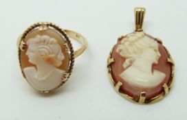 A 9ct gold ring set with a cameo and a 9ct gold pendant set with a cameo