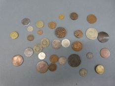 A cache of 19thC etc world coinage together with early weights and imitation Victorian miniature